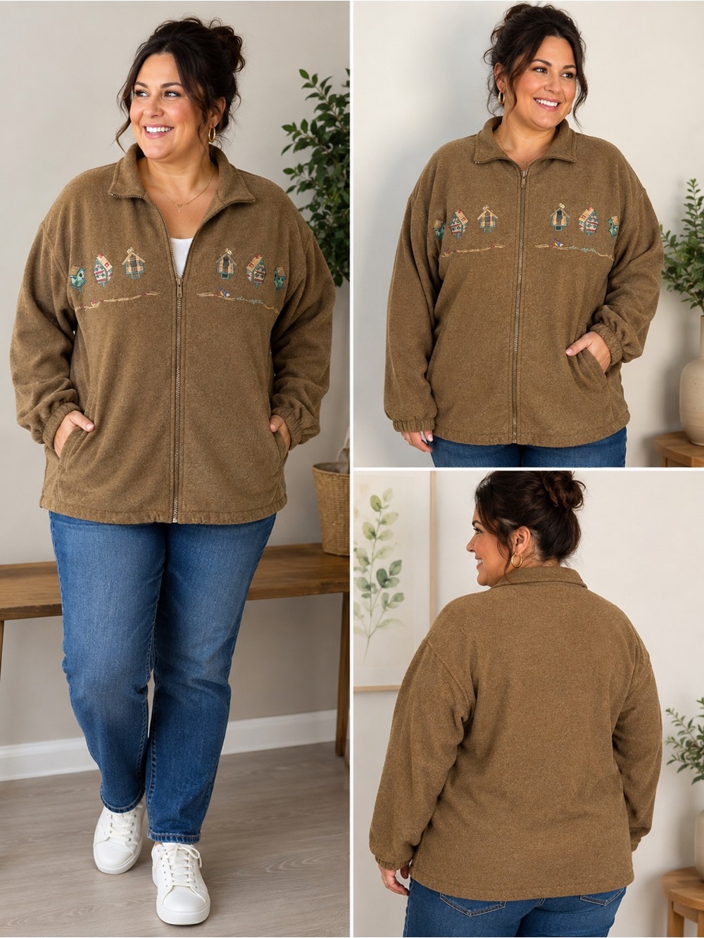 Northern Reflections Women’s XL Brown Fleece Jacket Birdhouse Embroidered Full